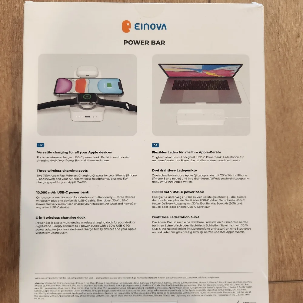 EINOVA Power Bar Apple Fast Charging Station 10,000mAh Power Bank NIB 4-in- 1 - Picture 3 of 7